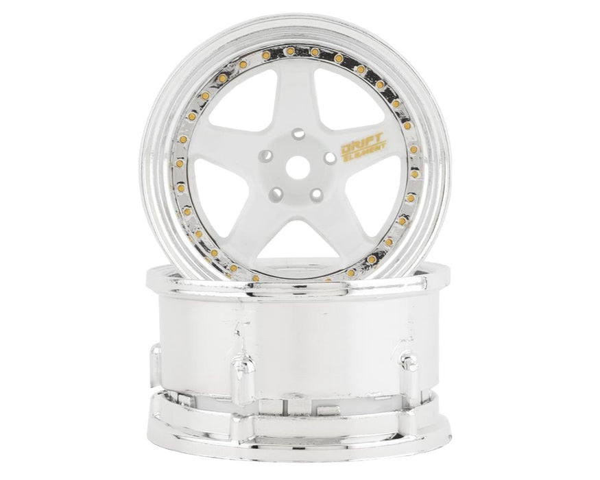DS Racing DE-011 White & Chrome with Gold Rivets Drift Element 5 Spoke Drift Wheels (2 Pack)