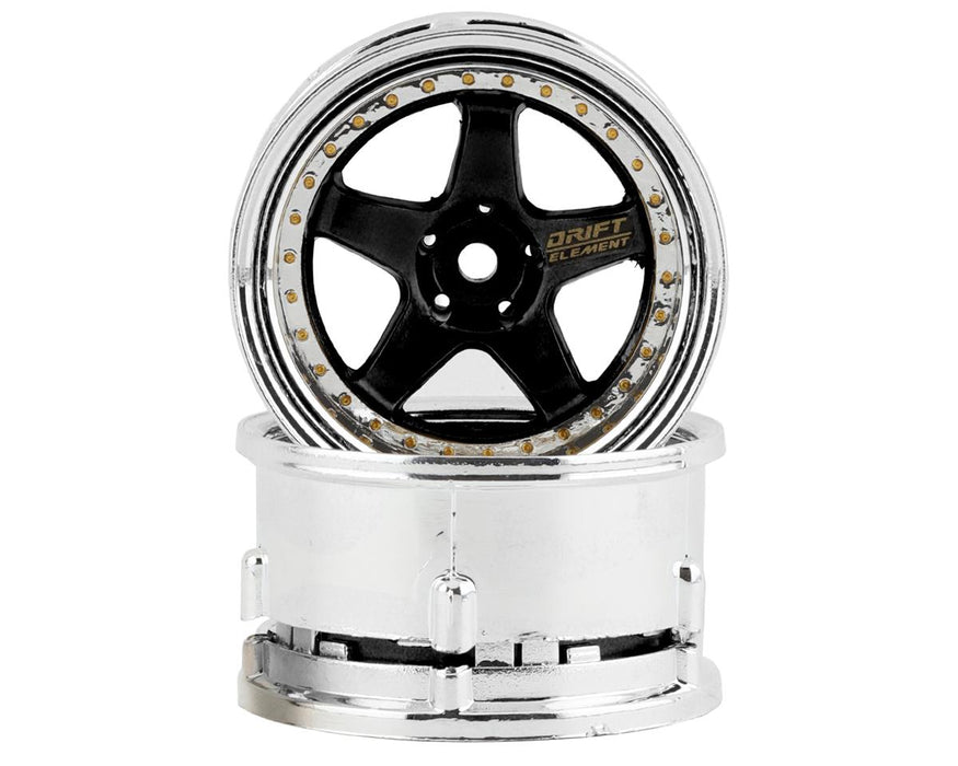DS Racing DS-DE-013 Black & Chrome with Gold Rivets Drift Element 5 Spoke Drift Wheels (2 Pack)