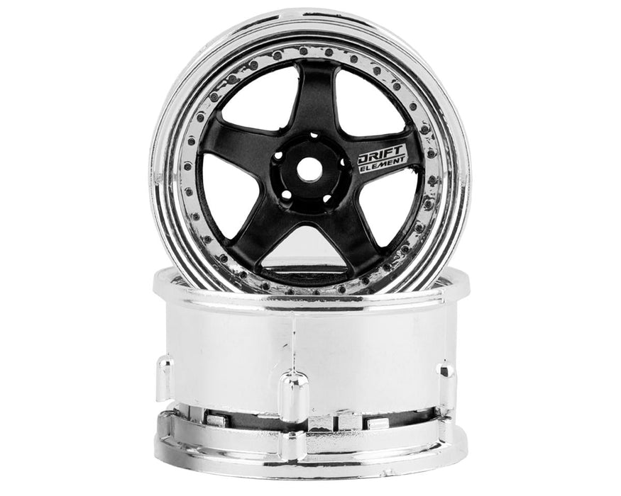 DS Racing DS-DE-014 Black & Chrome with Black Rivets Drift Element 5 Spoke Drift Wheels (2 Pack)