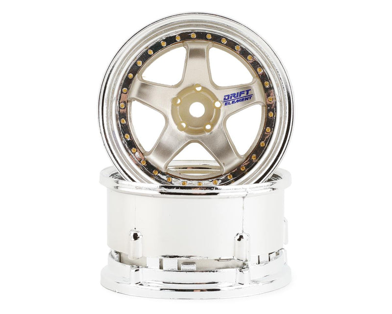DS Racing DE-016 Gold & Chrome with Gold Rivets Drift Element 5 Spoke Drift Wheels (2 Pack)