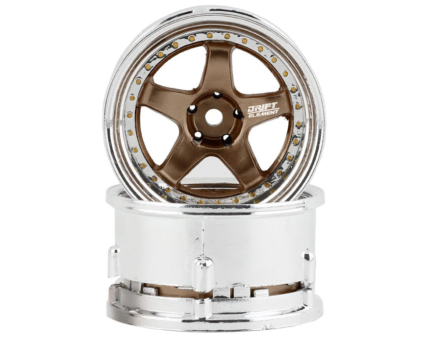 DS Racing DE-022 Bronze & Chrome with Gold Rivets Drift Element 5 Spoke Drift Wheels (2 Pack)