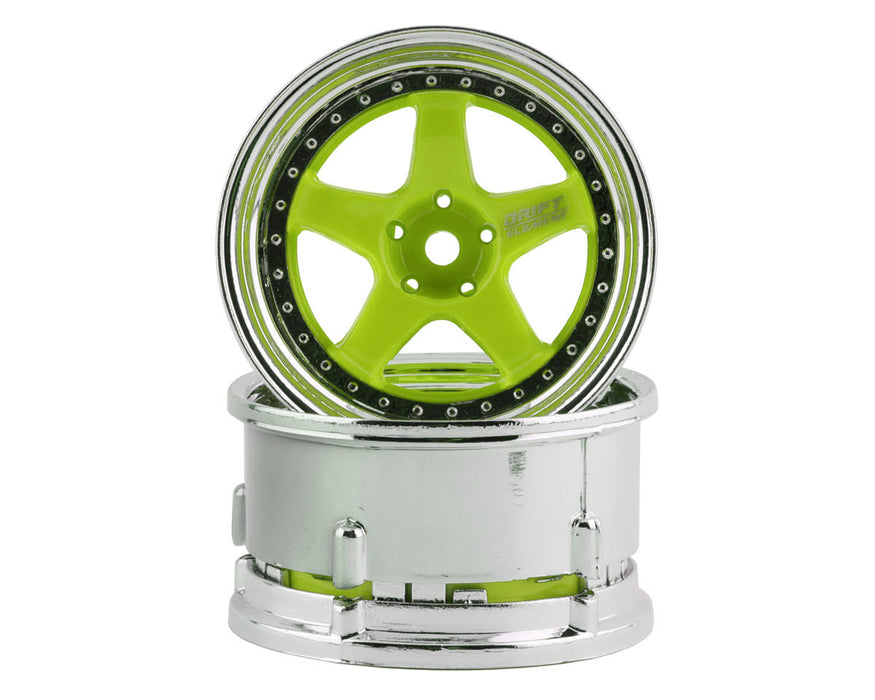 DS Racing DS-DE-025 Green Face/Chrome Lip/Chrome Rivet Drift Element 5 Spoke Drift Wheel (2 Pack)