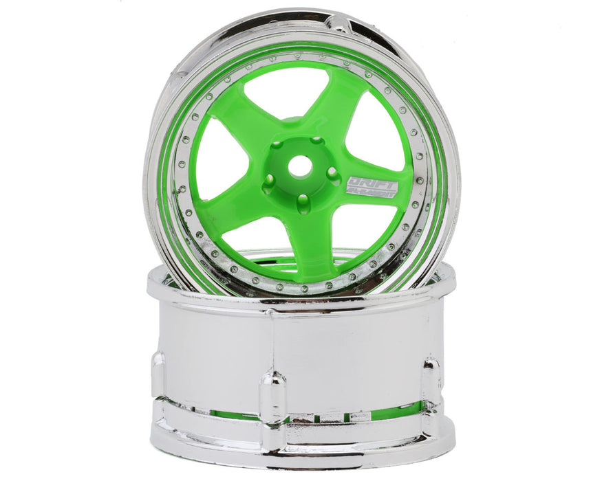 DS Racing DS-DE-027 Fluorescent Green/Chrome Lip & Rivets Drift Element 5 Spoke Drift Wheels (2 Pack)