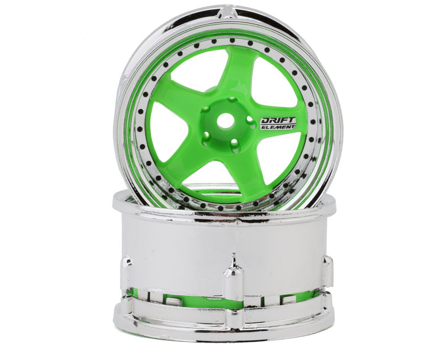 DS Racing DS-DE-028 Fluorescent Green/Chrome Lip/Black Rivet Drift Element 5 Spoke Drift Wheels (2 Pack)