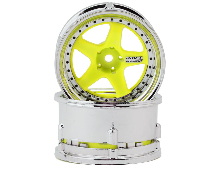 DS Racing DS-DE-030 Fluorescent Yellow with Chrome Lip/Black Rivet Drift Element 5 Spoke Drift Wheels (2 Pack)