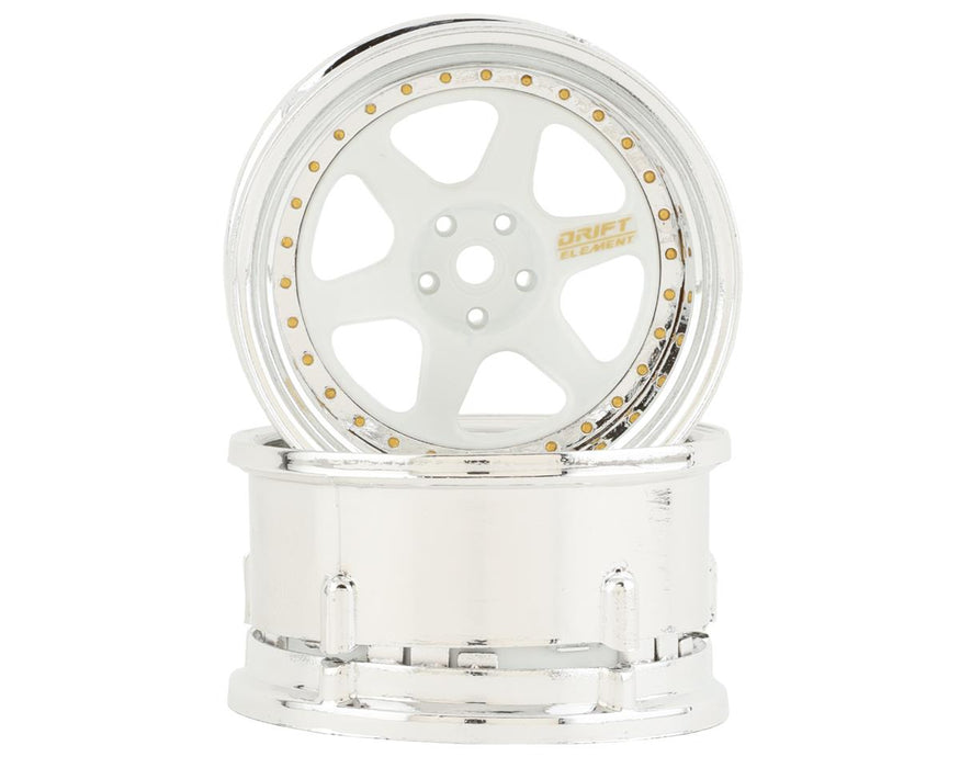 DS Racing DE-211 White & Chrome with Gold Rivets Drift Element 6 Spoke Drift Wheels (2 Pack)