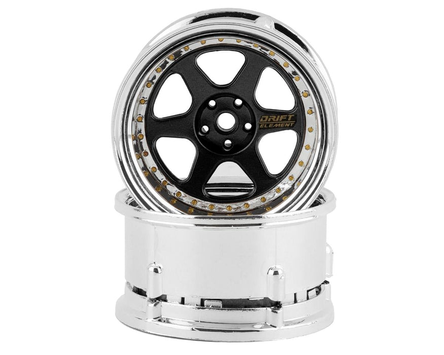 DS Racing DE-213 Black & Chrome with Gold Rivets Drift Element 6 Spoke Drift Wheels (2 Pack)