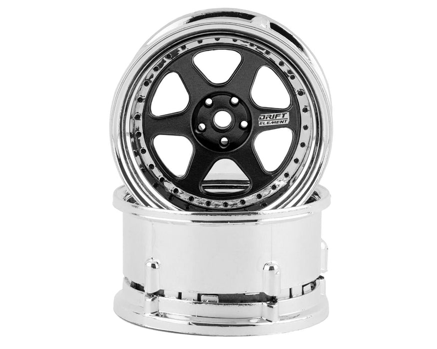 DS Racing DS-DE-214 Black & Chrome with Black Rivets Drift Element 6 Spoke Drift Wheels (2 Pack)