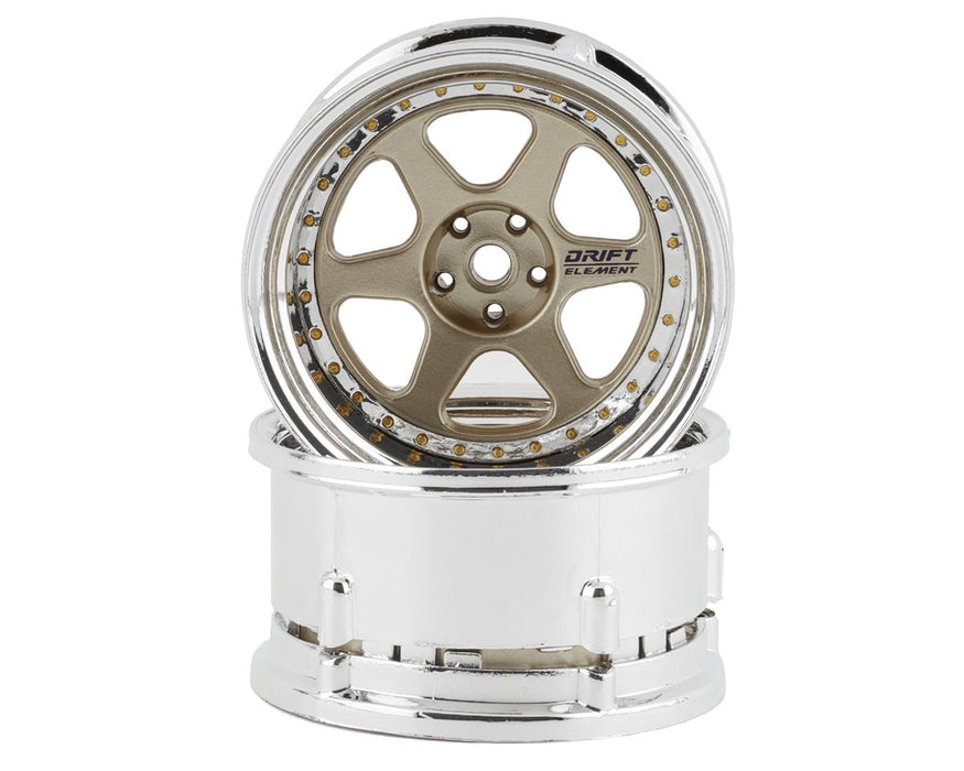 DS Racing DE-216 Gold & Chrome with Gold Rivets Drift Element 6 Spoke Drift Wheels (2 Pack)