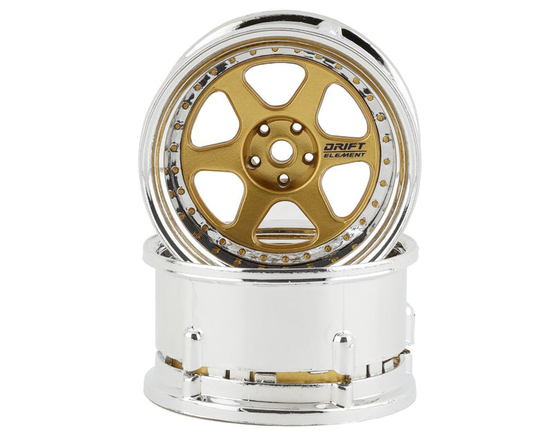 DS Racing DS-DE-218 Gold & Chrome with Gold Rivets Drift Element 6 Spoke Drift Wheels (2 Pack)