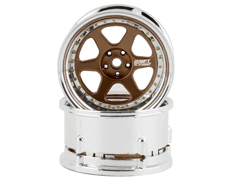 DS Racing DE-222 Bronze & Chrome with Gold Rivets Drift Element 6 Spoke Drift Wheels (2 Pack)