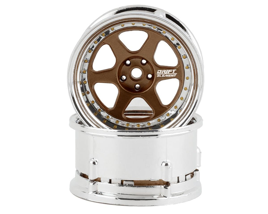DS Racing DE-222 Bronze & Chrome with Gold Rivets Drift Element 6 Spoke Drift Wheels (2 Pack)
