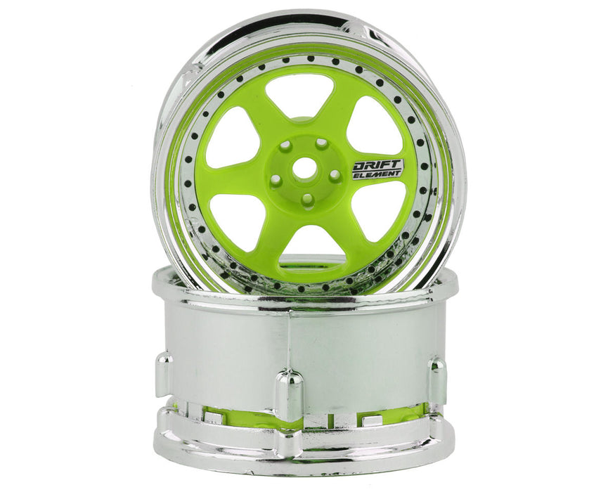 DS Racing DS-DE-226 Green Face/Chrome Lip/Black Rivets Drift Element 6 Spoke Drift Wheel (2 Pack)