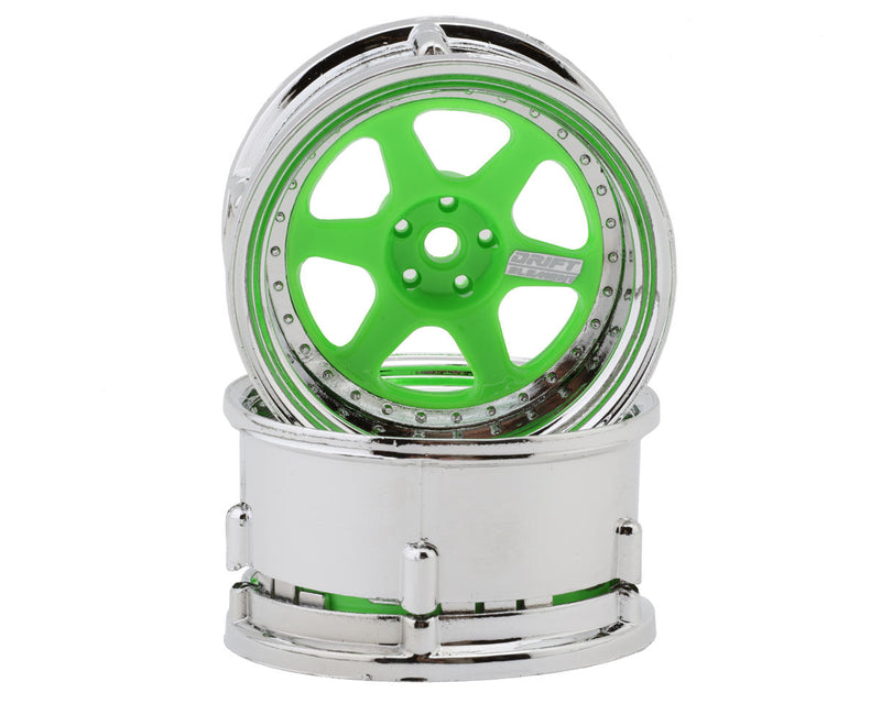 DS Racing DS-DE-227 Fluorescent Green/Chrome Lip & Rivets Drift Element 6 Spoke Drift Wheels (2 Pack)