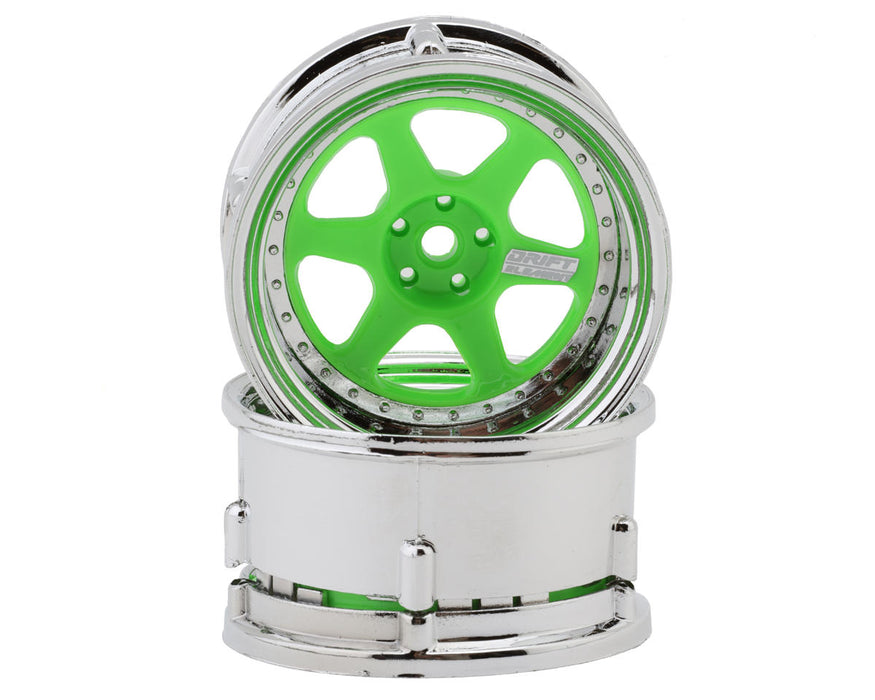 DS Racing DS-DE-227 Fluorescent Green/Chrome Lip & Rivets Drift Element 6 Spoke Drift Wheels (2 Pack)