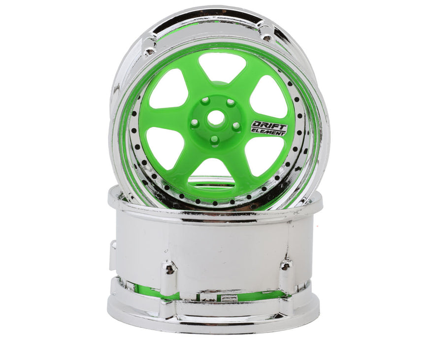 DS Racing DS-DE-228 Fluorescent Green/Chrome Lip/Black Rivet Drift Element 6 Spoke Drift Wheels (2 Pack)