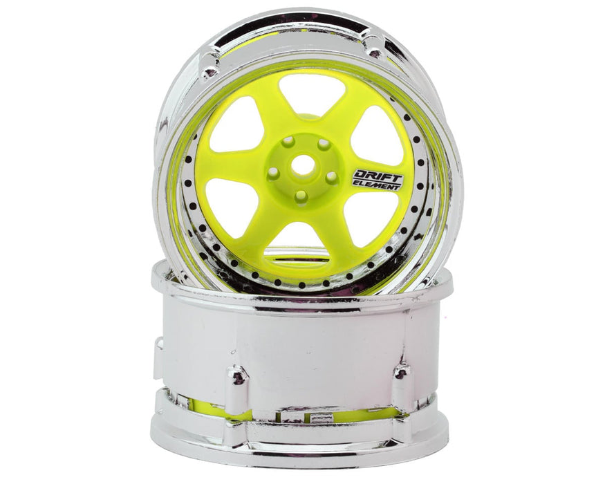 DS Racing DS-DE-230 Fluorescent Yellow with Chrome Lip/Black Rivet Drift Element 6 Spoke Drift Wheels (2 Pack)