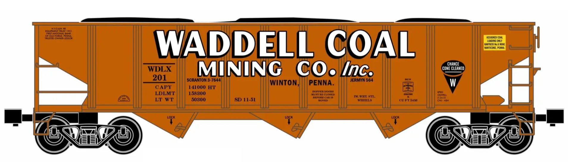 Ready Made Trains (RMT) 66286 O Gauge 70 Ton Hopper Car Waddell Coal Mining Co