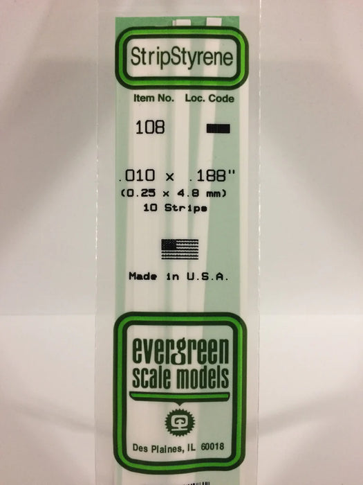 Evergreen Scale Models 108 Strip Styrene .010 x .188 (10 Pack)