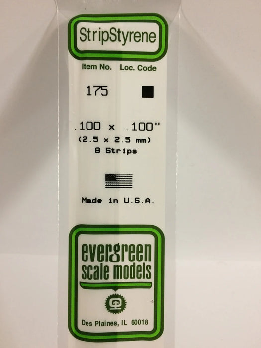 Evergreen Scale Models 175 Strip Styrene .100 x .100 (8 Pack)