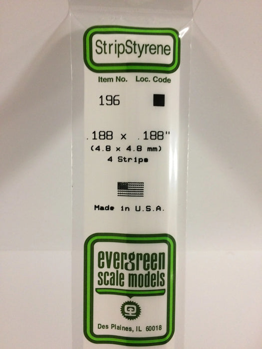 Evergreen Scale Models 196 Strip Styrene .188 x .188 (4 Pack)