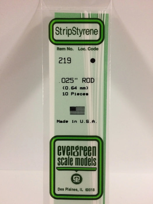 Evergreen Scale Models 219 Round Styrene Rod .025" (10 Pack)