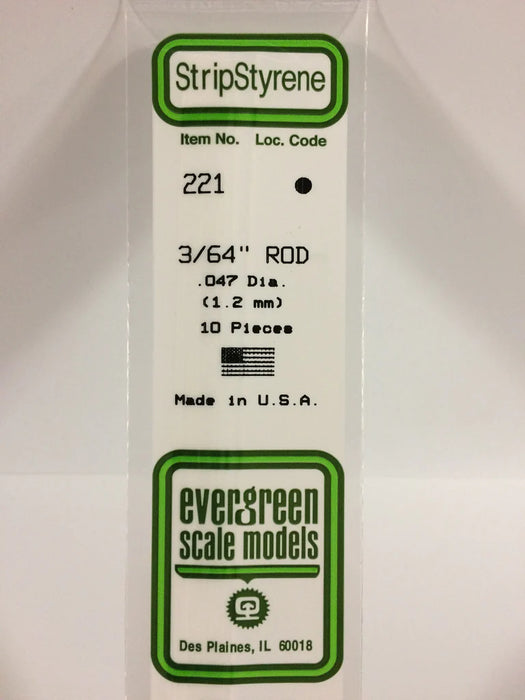 Evergreen Scale Models 221 Round Styrene Rod 3/64" (10 Pack)