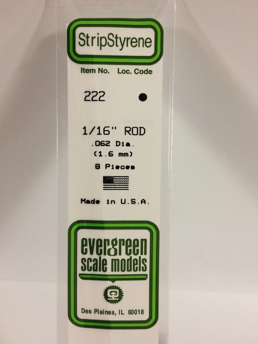 Evergreen Scale Models 222 Round Styrene Rod 1/16" (8 Pack)