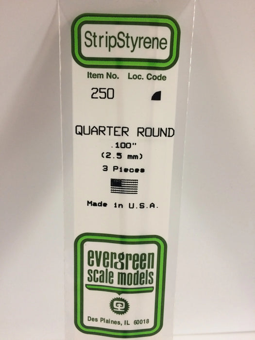 Evergreen Scale Models 250 Quarter Round Styrene Rod .100" (3 Pack)