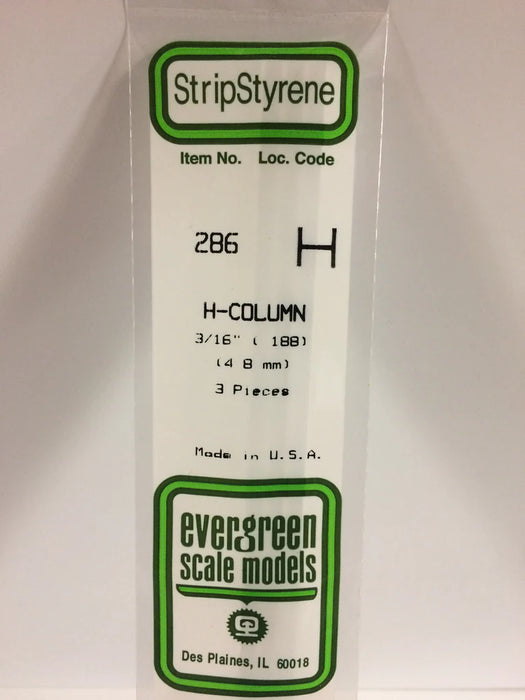 Evergreen Scale Models 286 Styrene H-Column 3/16" (3 Pack)