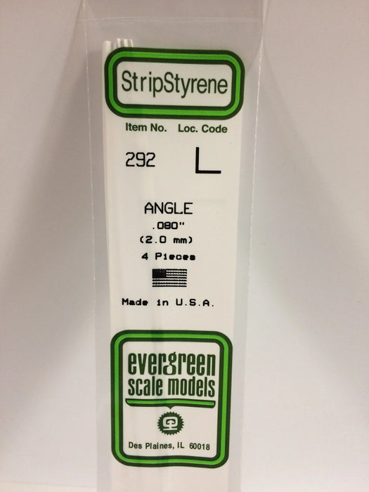 Evergreen Scale Models 292 Styrene Angle .080" (4 Pack)