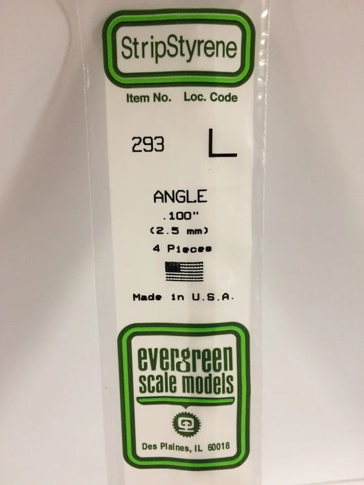 Evergreen Scale Models 293 Styrene Angle .100" (4 Pack)