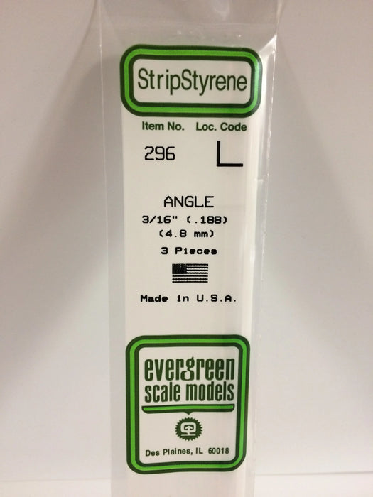 Evergreen Scale Models 296 Styrene Angle 3/16" (3 Pack)