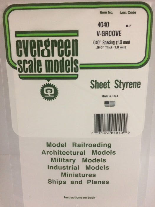 Evergreen Scale Models 4040 Styrene V-Groove .040 x 6 x 12,.040"
