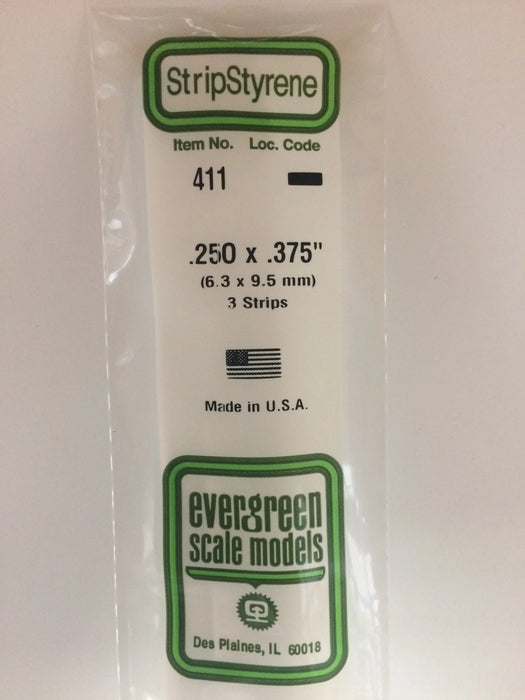 Evergreen Scale Models 411 24" Strip Styrene Pack, .250x.375 (3 Pack)