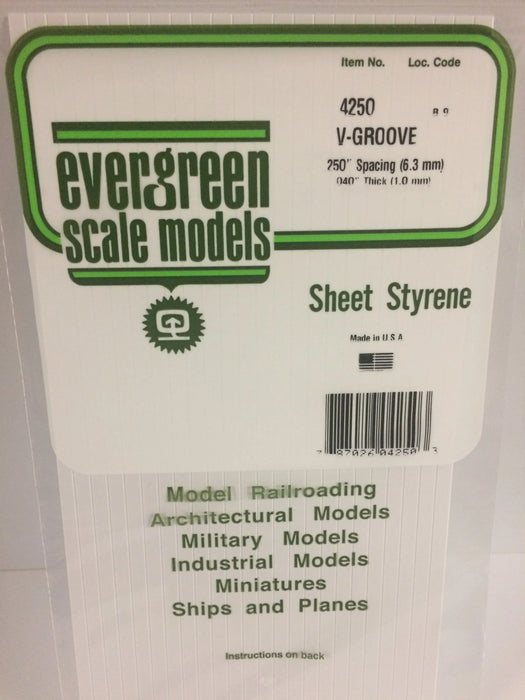 Evergreen Scale Models 4250 Styrene V-Groove .040 x 6 x 12,.250"