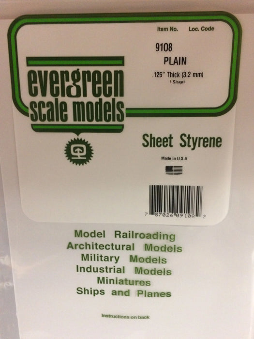 Evergreen Scale Models 9108 White Sheet Styrene .125 x 8 x 21