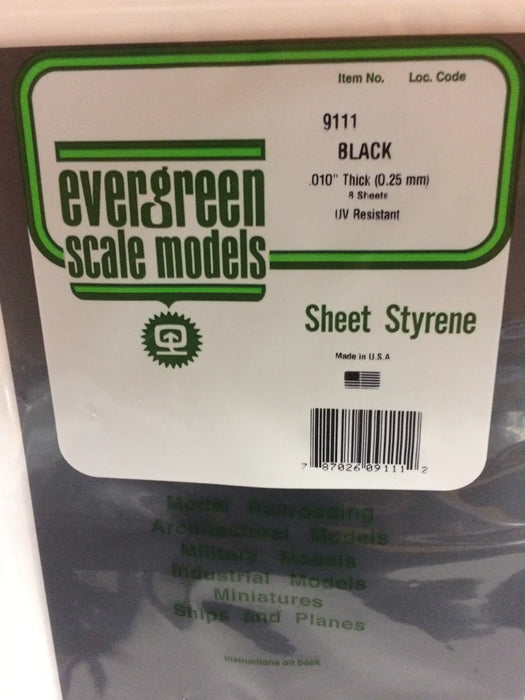 Evergreen Scale Models 9111 Black Styrene Sheets, .01x8x21" (8 Pack)