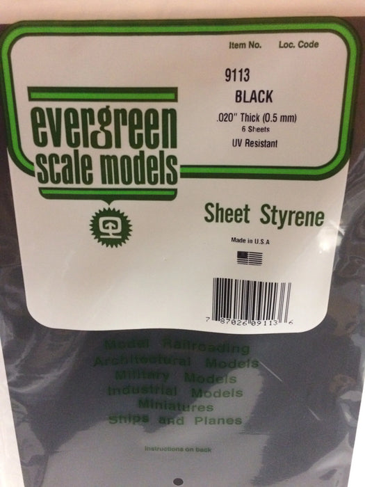 Evergreen Scale Models 9113 Black Styrene Sheet Styrenes, .02x8x21" (6 Pack)