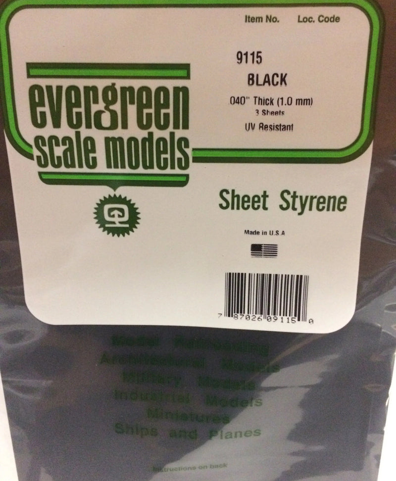 Evergreen Scale Models 9115 Black Styrene Sheet Styrenes, .04x8x21" (3 Pack)