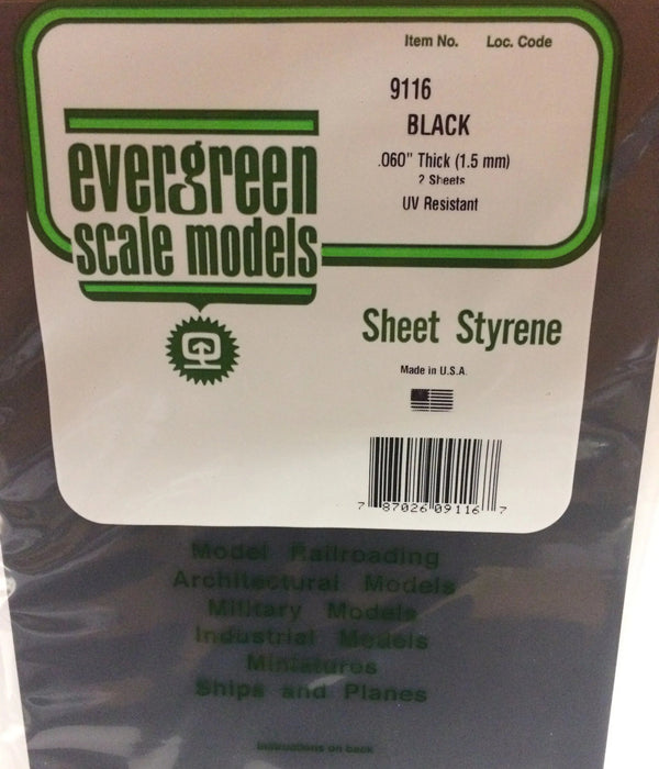 Evergreen Scale Models 9116 Black Styrene Sheet Styrenes, .06x8x21" (2 Pack)