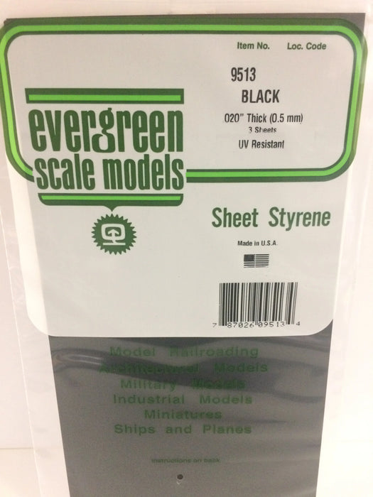 Evergreen Scale Models 9513 Black Styrene Sheet Styrenes, .02x6x12" (3 Pack)