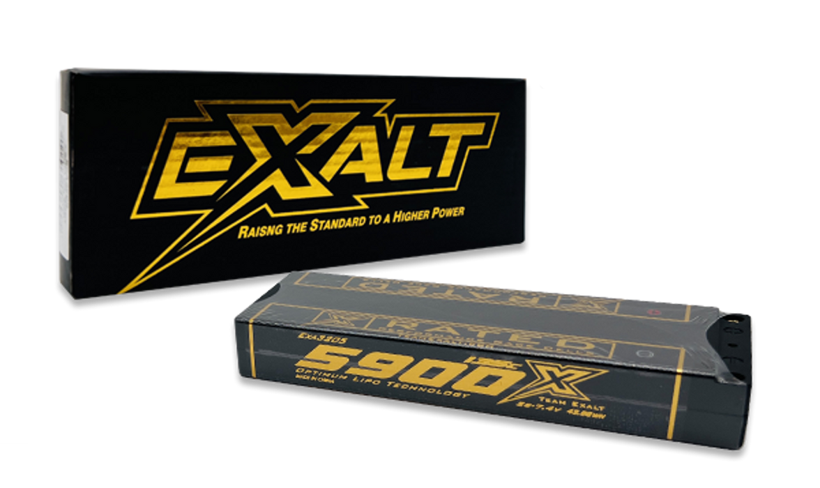 EXALT 3205 2S 7.4V 5900MAH 135C LCG Stick w/5mm Bullets, X-Rated LiPo Battery Series