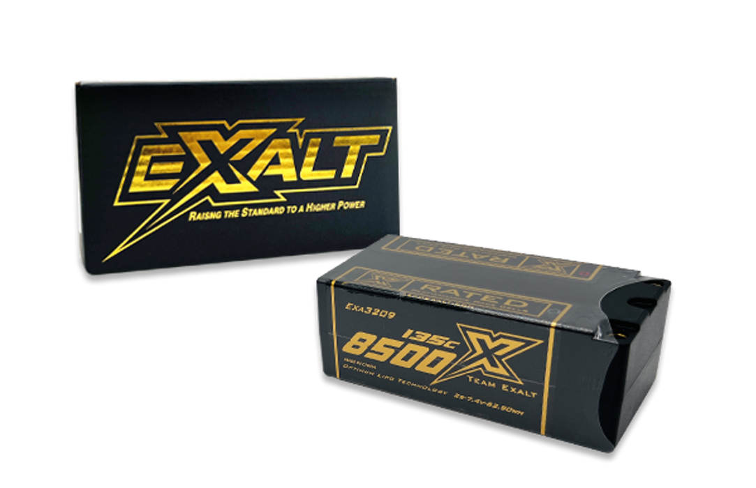 EXALT 3209 2S 7.4V 8500MAH 135C Fat Shorty w/5mm Bullets, X-Rated LiPo Battery Series