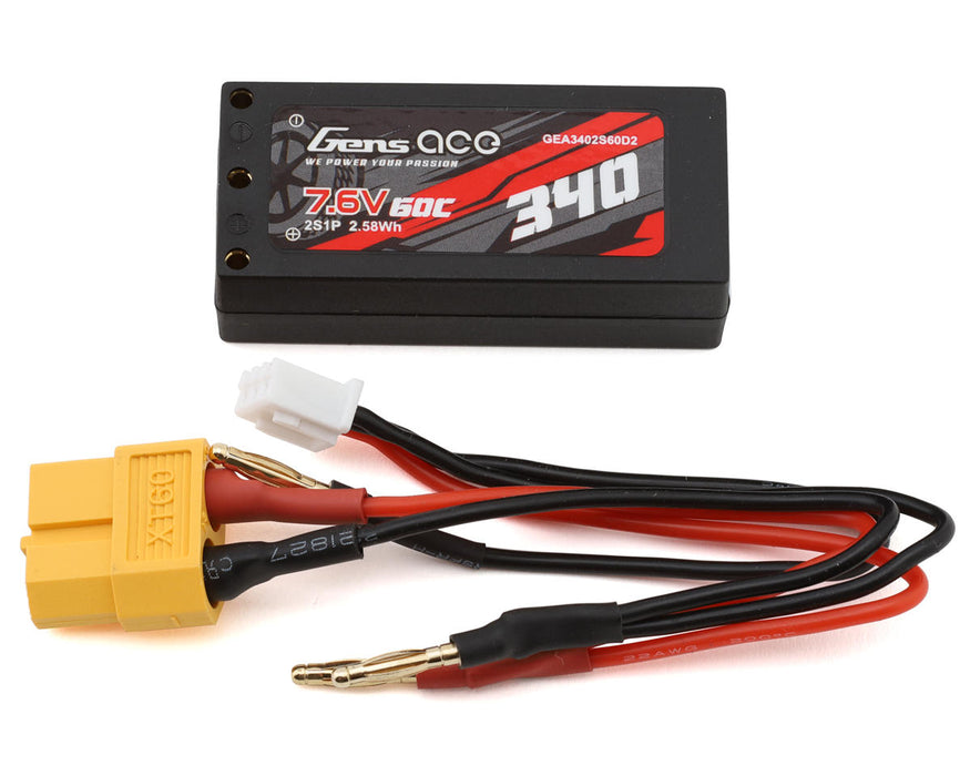 Gens Ace GEA3402S60D2 7.6v 340mAh 2S 60C Hardcase Shorty LiHV Battery with 2mm Bullets
