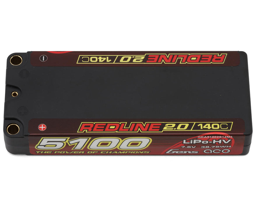 Gens Ace GEA51002S14M5 Redline 2.0 7.6v 5100mAh 2S Shory LiHV 140C Battery with 5mm Bullets