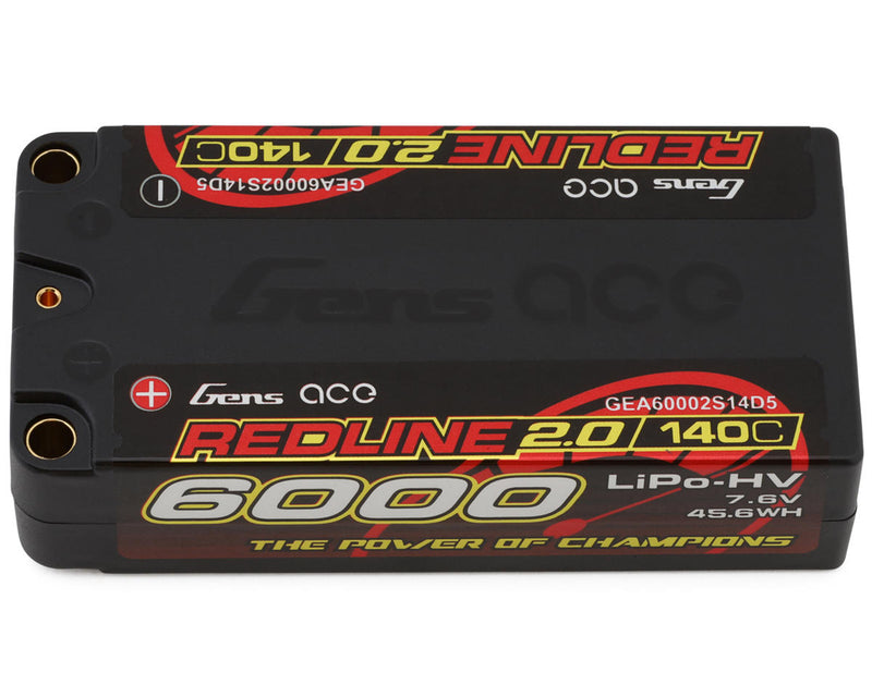 Gens Ace GEA60002S14D5 Redline 2.0 7.6v 6000mAh 2S 140C Shorty LiHV Battery with 5mm Bullets