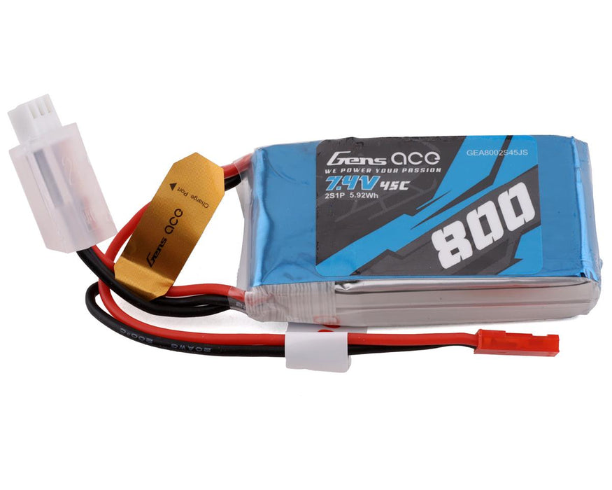 Gens Ace GEA8002S45JS 7.4v 800mAh 2s LiPo 45C Battery with JST Connector