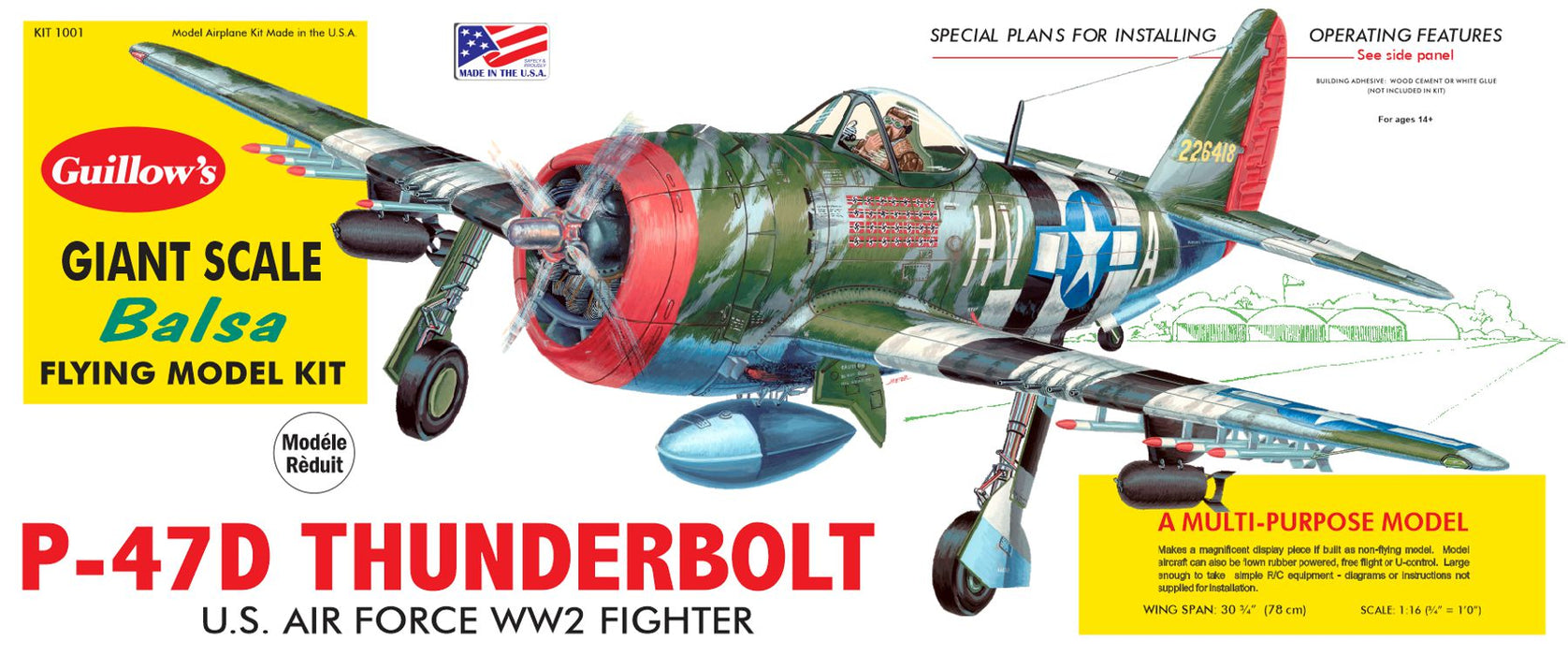 Guillows 1001 1/16 P-47 Thunderbolt (30" Wingspan) Balsa Flying Model Kit
