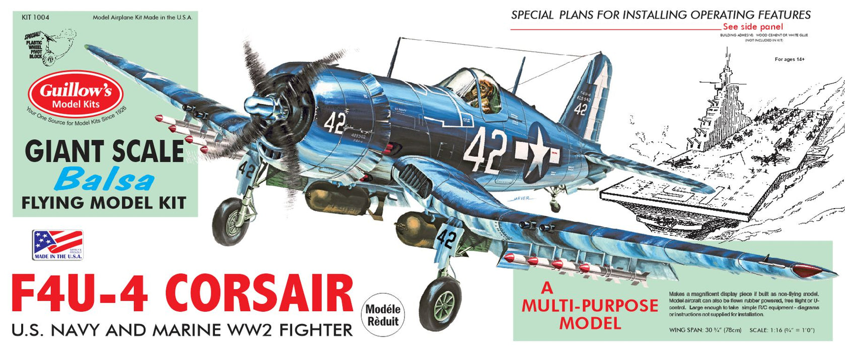 Guillows 1004 F-4U4 Corsair (30" Wingspan) Balsa Flying Model Kit